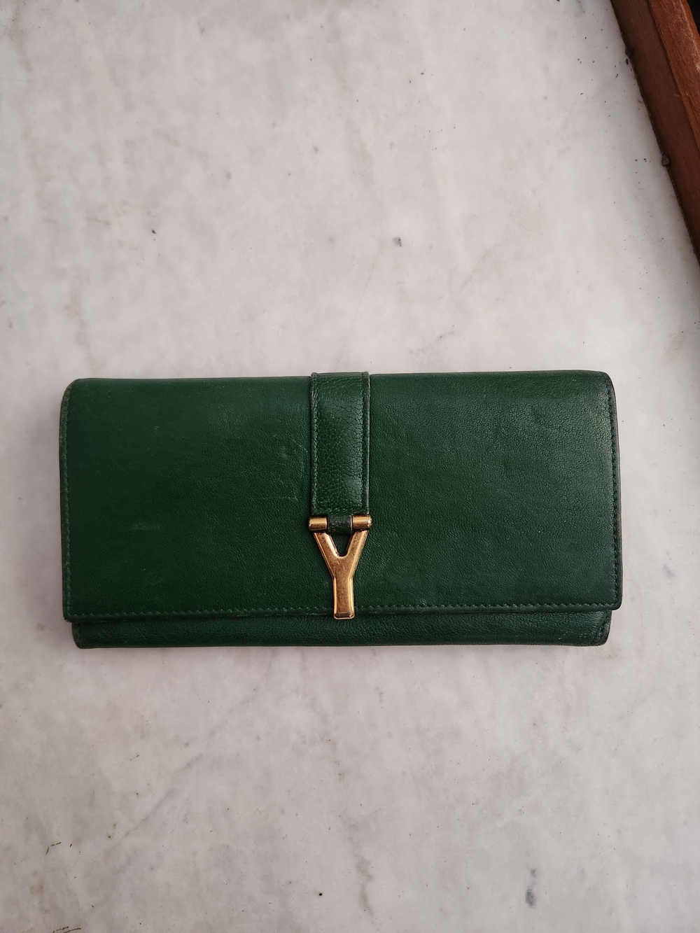 Yves Saint Laurent Dark Green Leather Wallet with Gold Y Accent